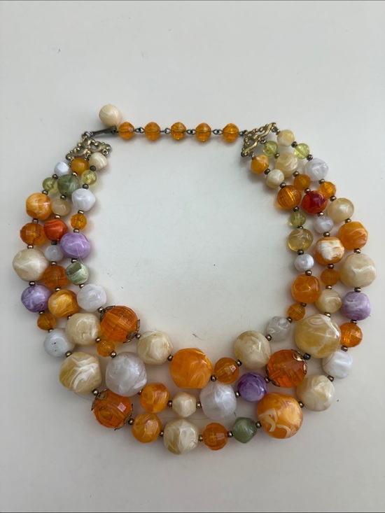 Jewelry - Multi-Strand Lucite Beaded Statement Necklace - Orange, Cream, Green & Purple